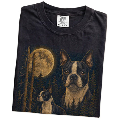 Folded Black Boston Terrier full-color Moonlit Forest t-shirt