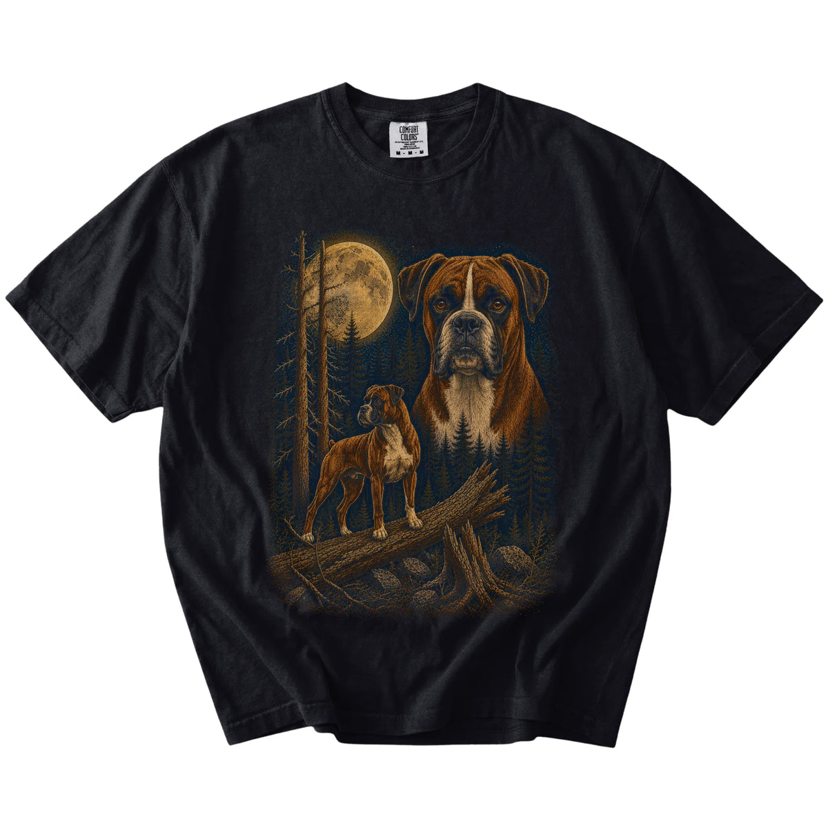 Boxer in a moonlit forest on a Black t-shirt