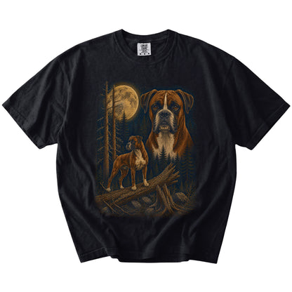 Boxer in a moonlit forest on a Black t-shirt