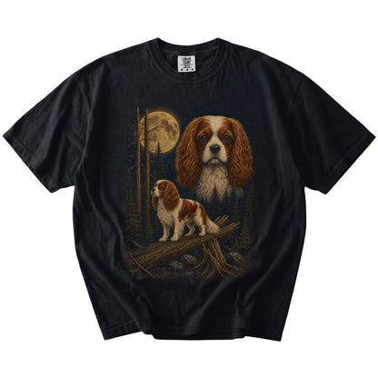 Cavalier King Charles Spaniel in a moonlit forest on a Black t-shirt