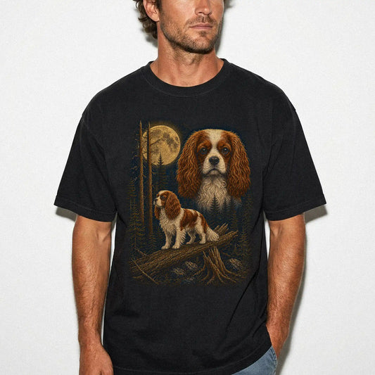 Person wearing a Black Cavalier King Charles Spaniel Wildwood Moon t-shirt