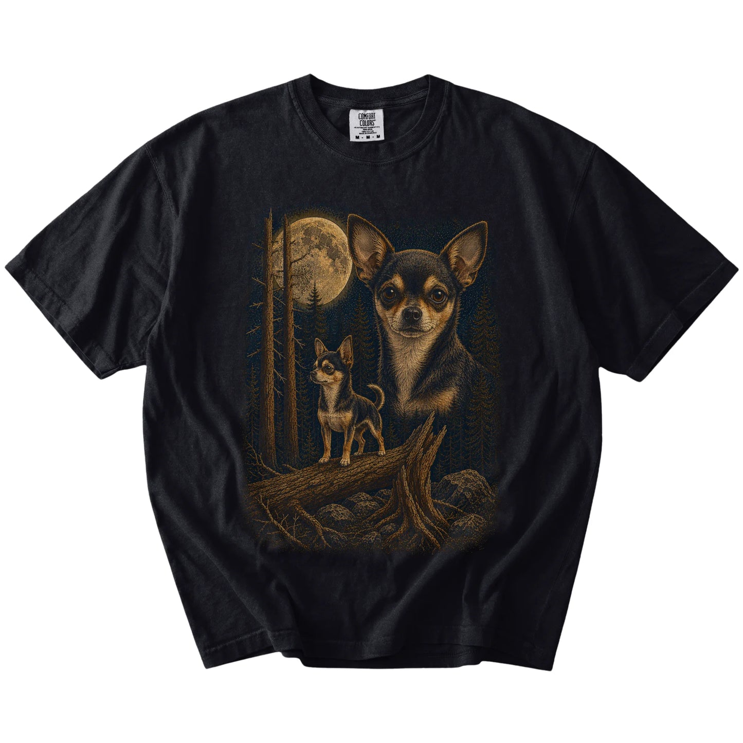 Chihuahua in a full-color moonlit forest on a Black t-shirt