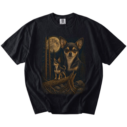 Chihuahua in a full-color moonlit forest on a Black t-shirt