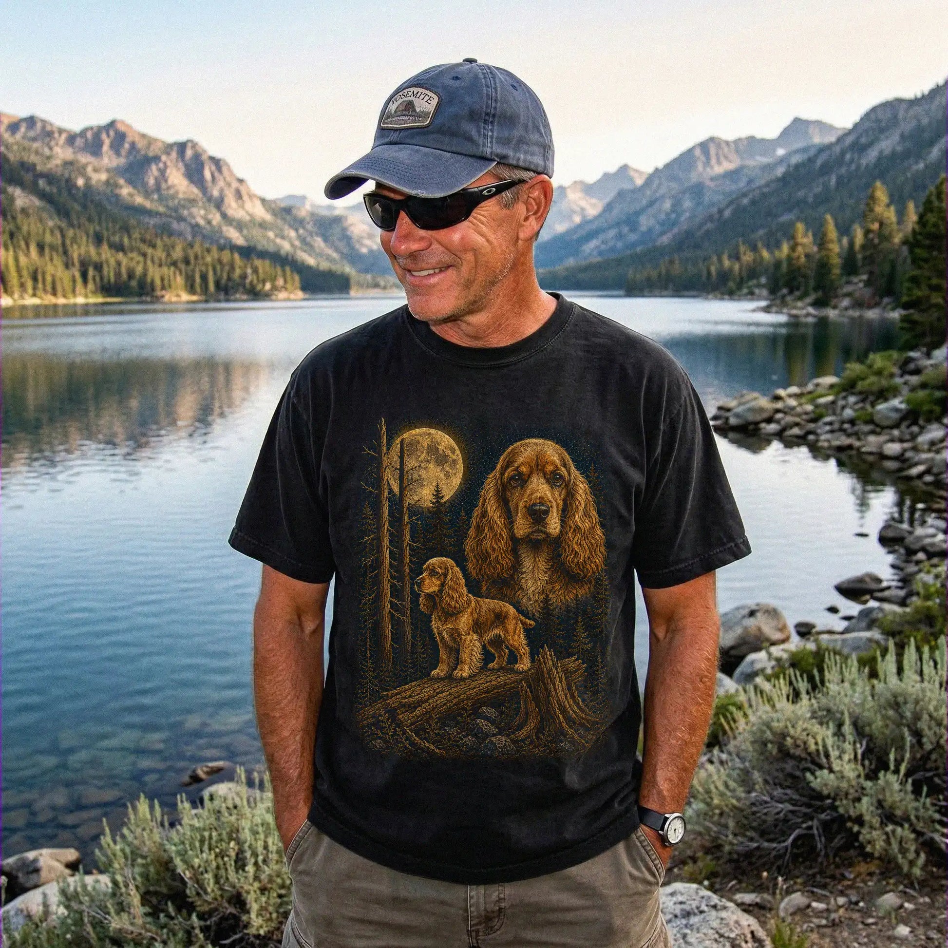 Person wearing a Black Cocker Spaniel full-color Moonlit Forest t-shirt