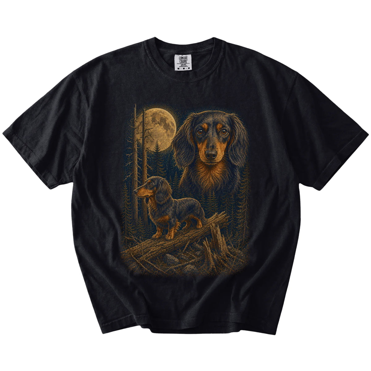 Dachshund in a moonlit forest on a Black t-shirt