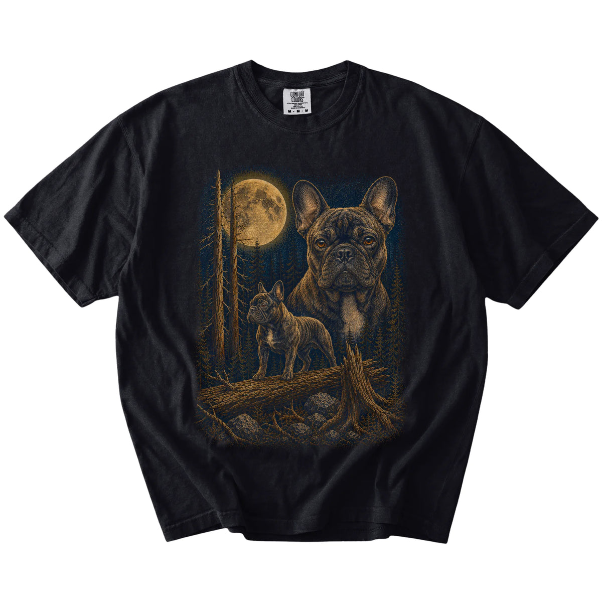 French Bulldog in a moonlit forest on a Black t-shirt