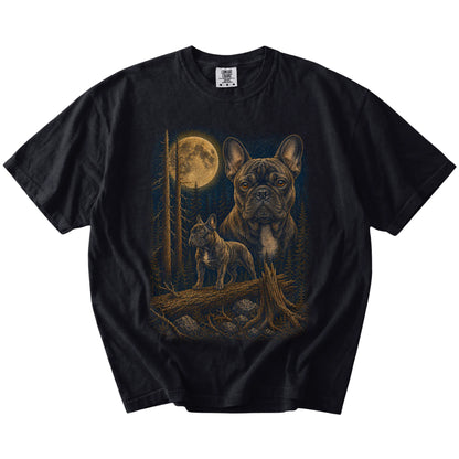 French Bulldog in a moonlit forest on a Black t-shirt