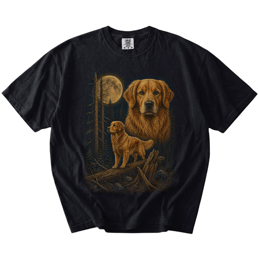 Golden Retriever in a full-color moonlit forest on a Black t-shirt