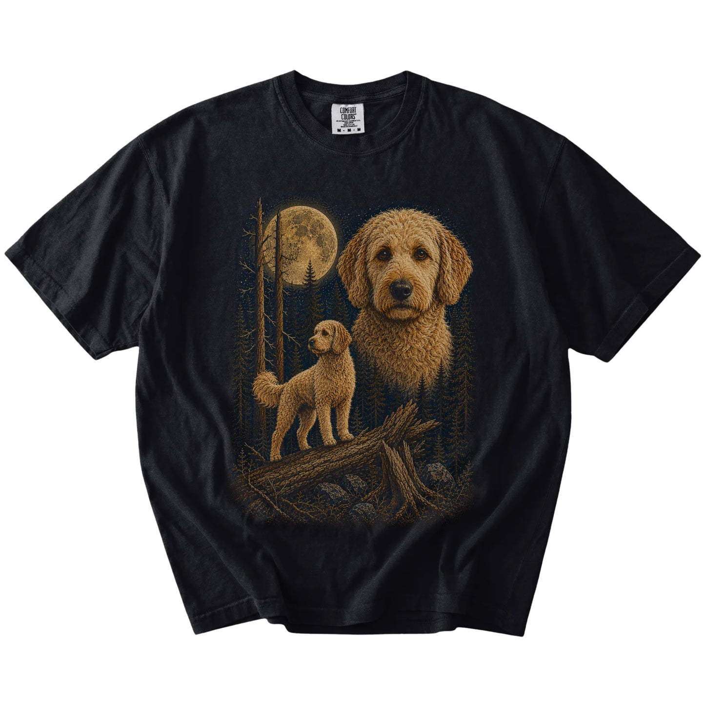 Goldendoodle in a full-color moonlit forest on a Black t-shirt