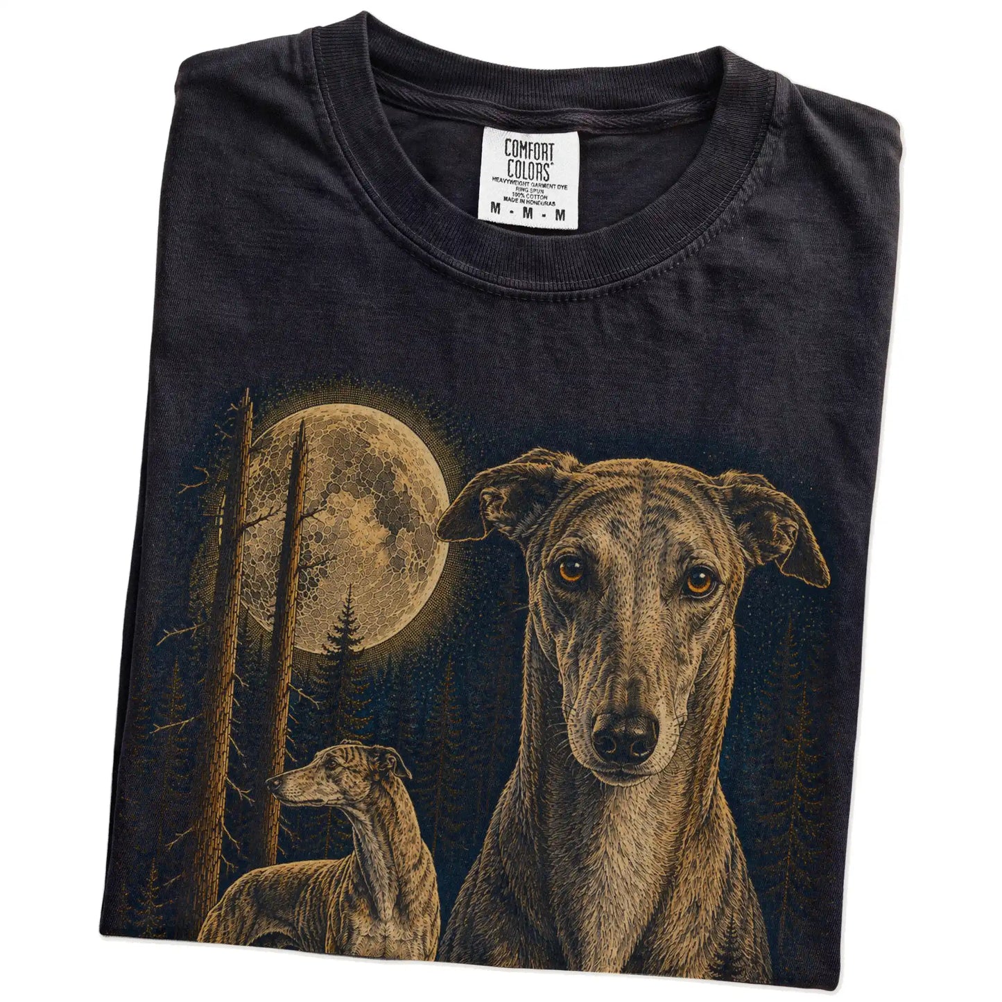 Folded Black Greyhound full-color Moonlit Forest t-shirt