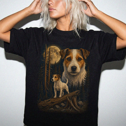 Person wearing a Black Jack Russell Wildwood Moon t-shirt