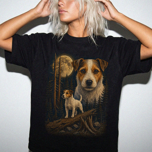 Person wearing a Black Jack Russell Wildwood Moon t-shirt