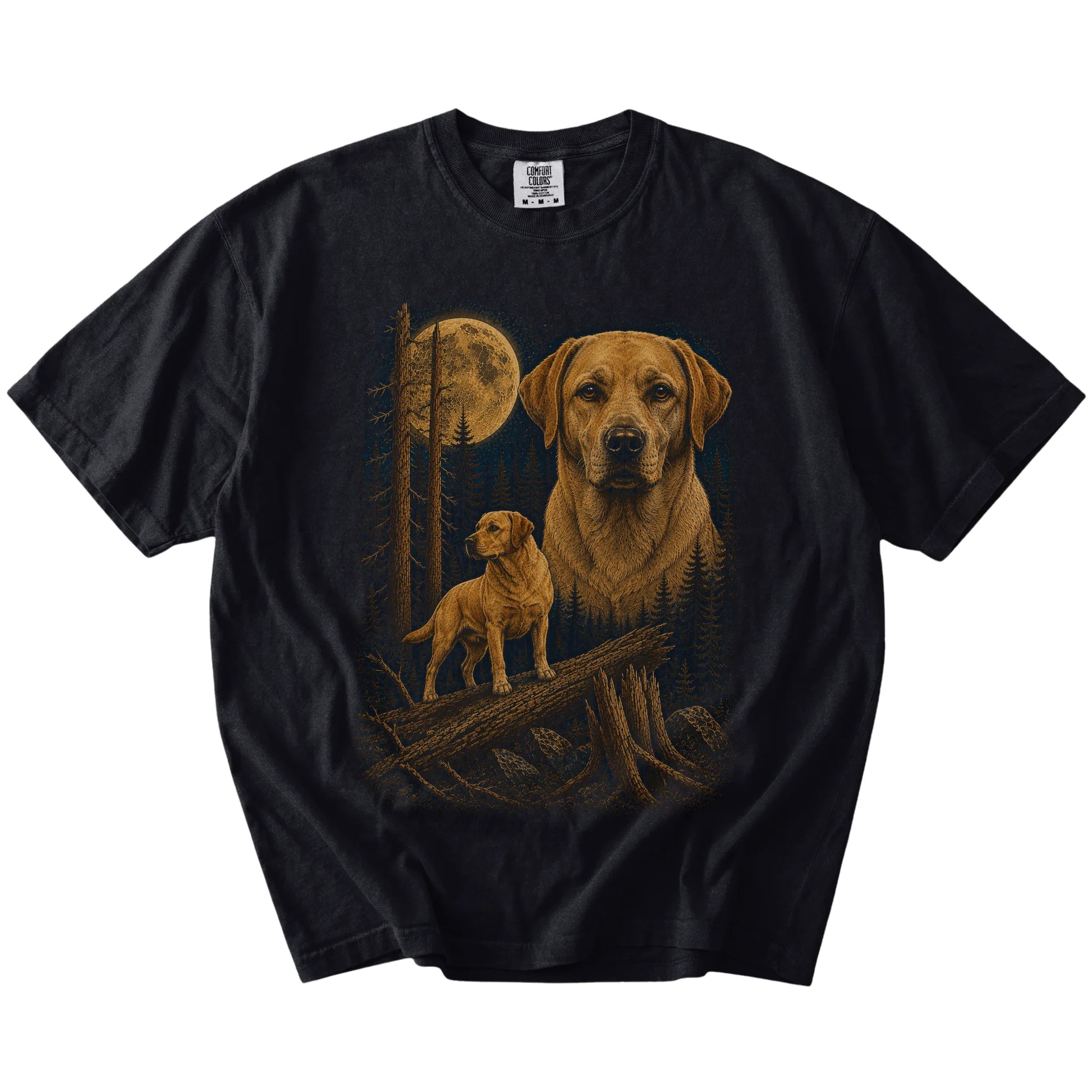 Labrador Retriever in a full-color moonlit forest on a Black t-shirt