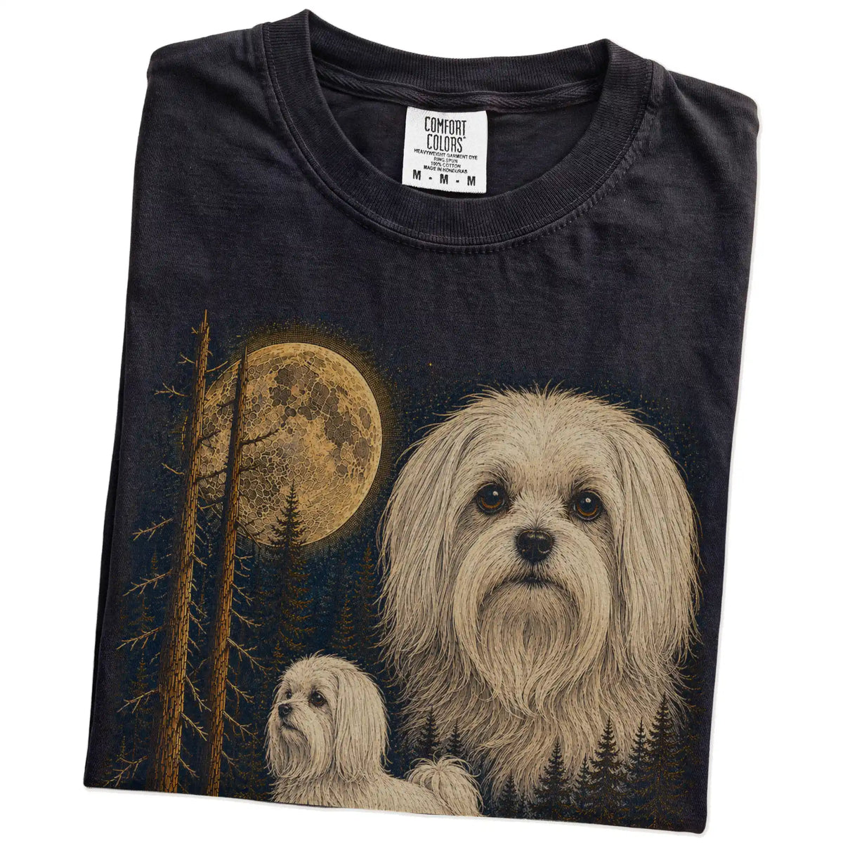 Folded Black Maltese full-color Moonlit Forest t-shirt