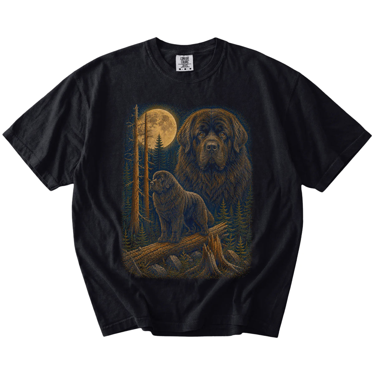 Newfie in a full-color moonlit forest on a Black t-shirt