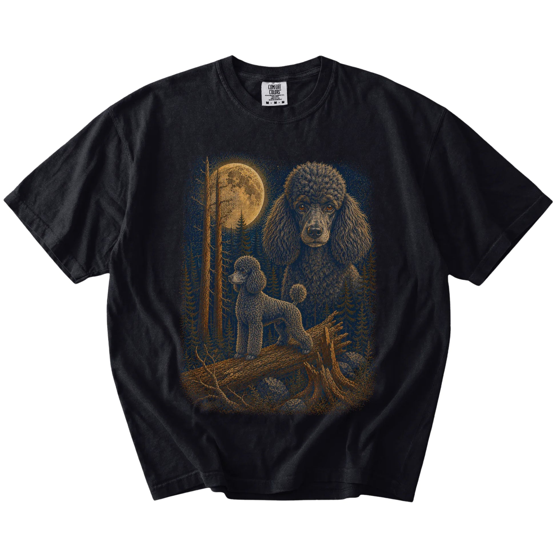 Poodle in a full-color moonlit forest on a Black t-shirt