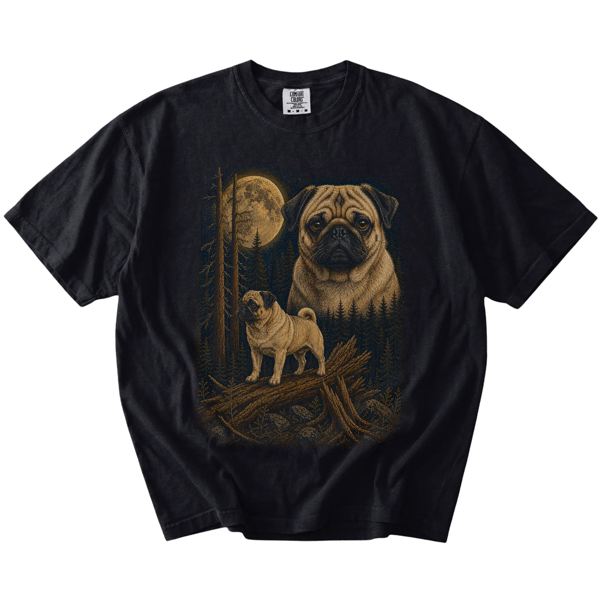 Pug in a moonlit forest on a Black t-shirt