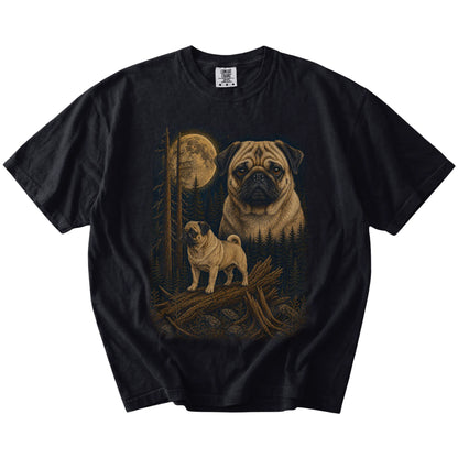 Pug in a moonlit forest on a Black t-shirt