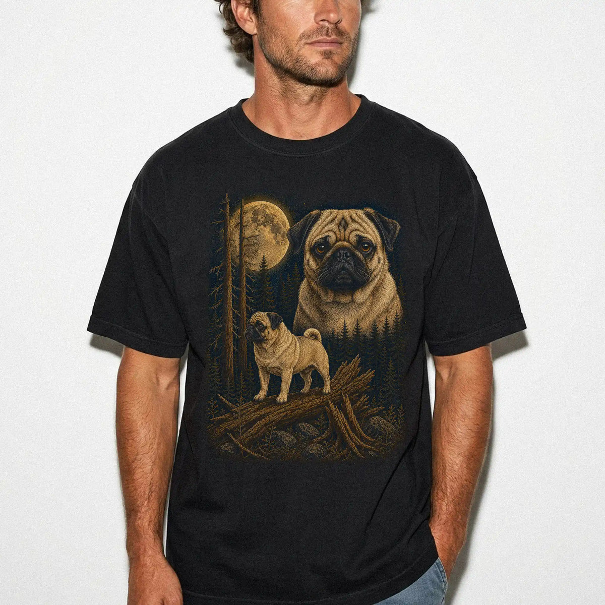 Person wearing a Black Pug Wildwood Moon t-shirt