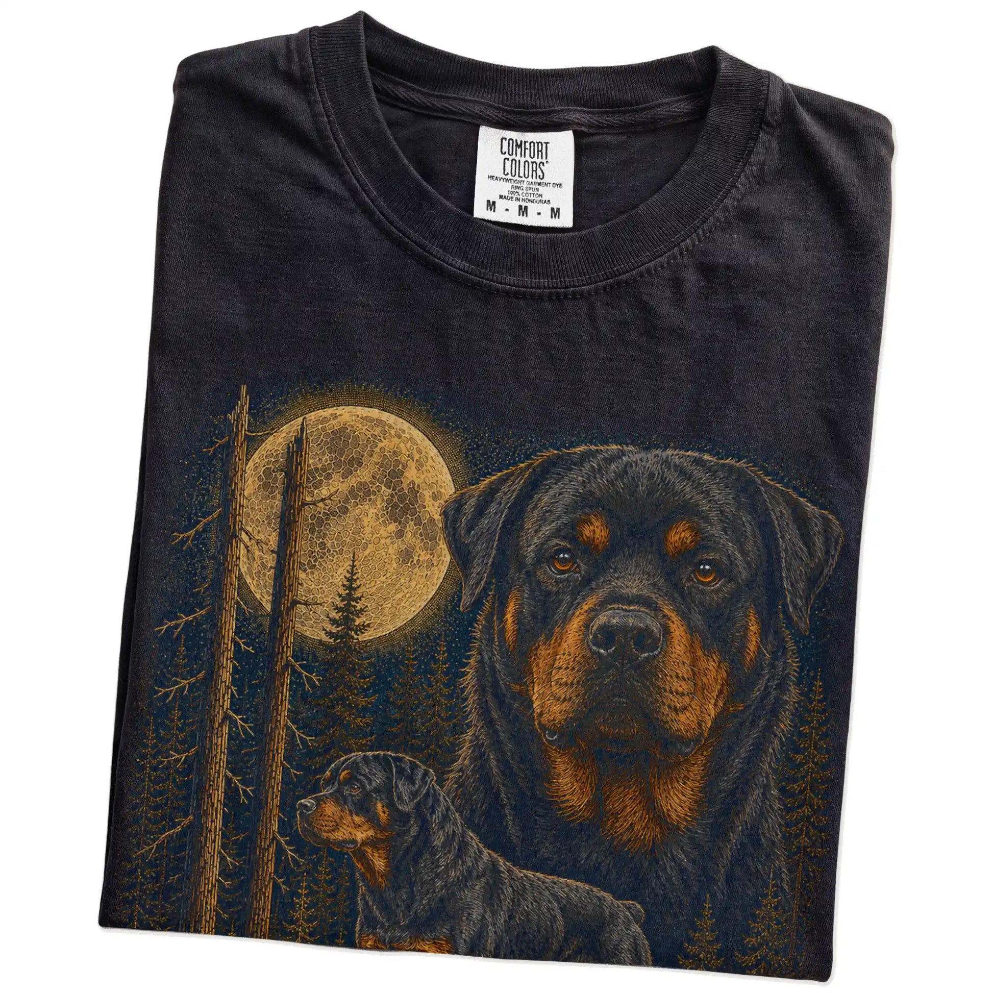 Folded Black Rottweiler full-color Moonlit Forest t-shirt