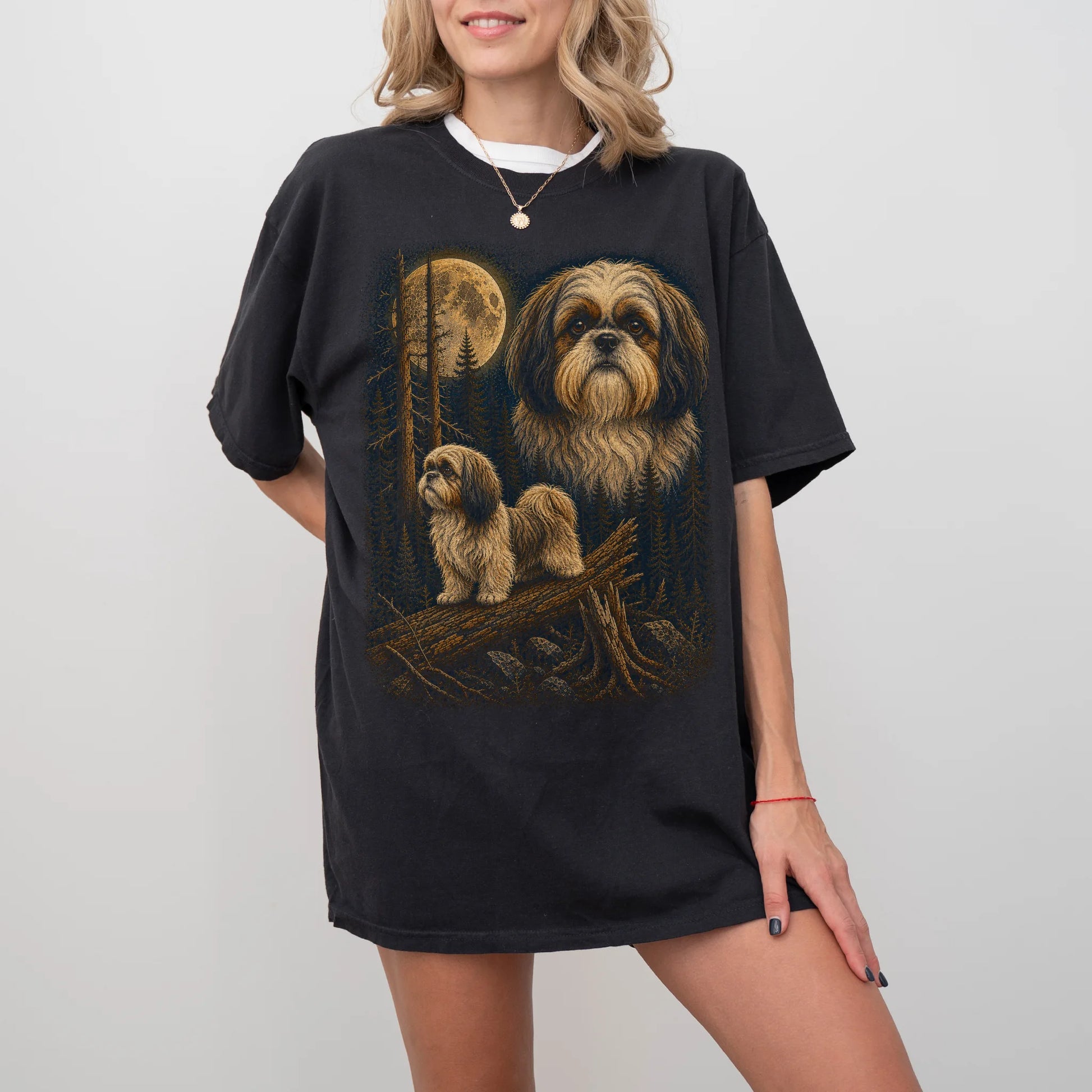 Person wearing a Black Shih Tzu full-color Moonlit Forest t-shirt