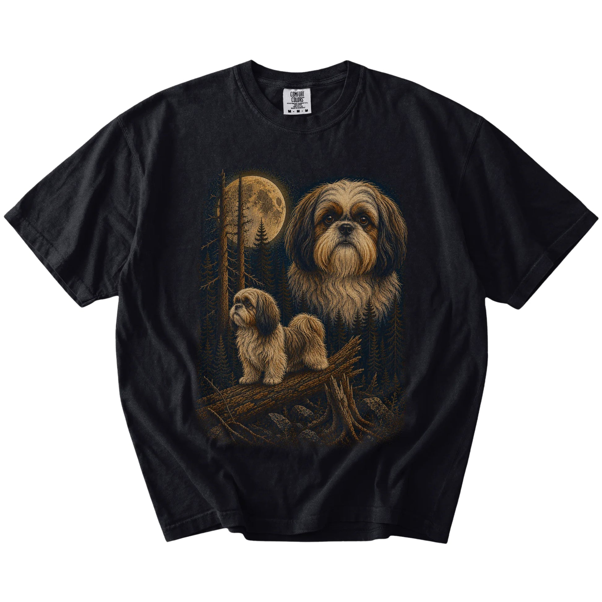 Shih Tzu in a full-color moonlit forest on a Black t-shirt