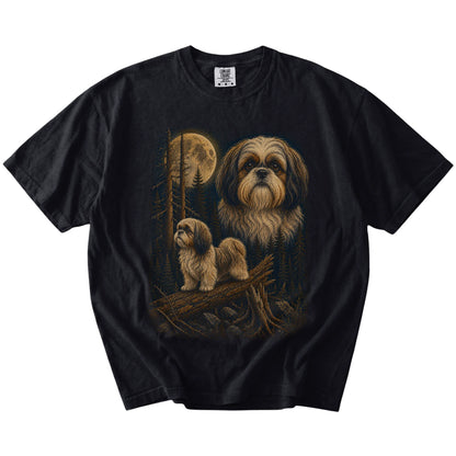 Shih Tzu in a full-color moonlit forest on a Black t-shirt