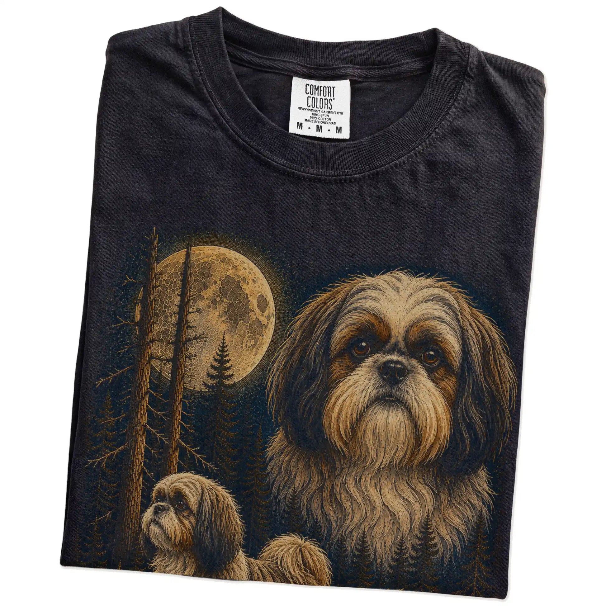 Folded Black Shih Tzu full-color Moonlit Forest t-shirt