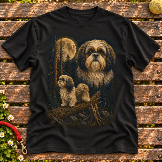Shih Tzu Wildwood Moon design on a Black T-shirt shown flat
