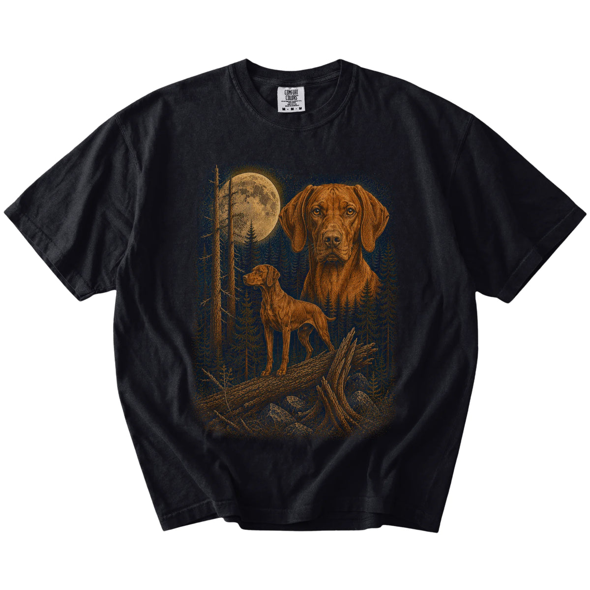 Vizsla in a full-color moonlit forest on a Black t-shirt