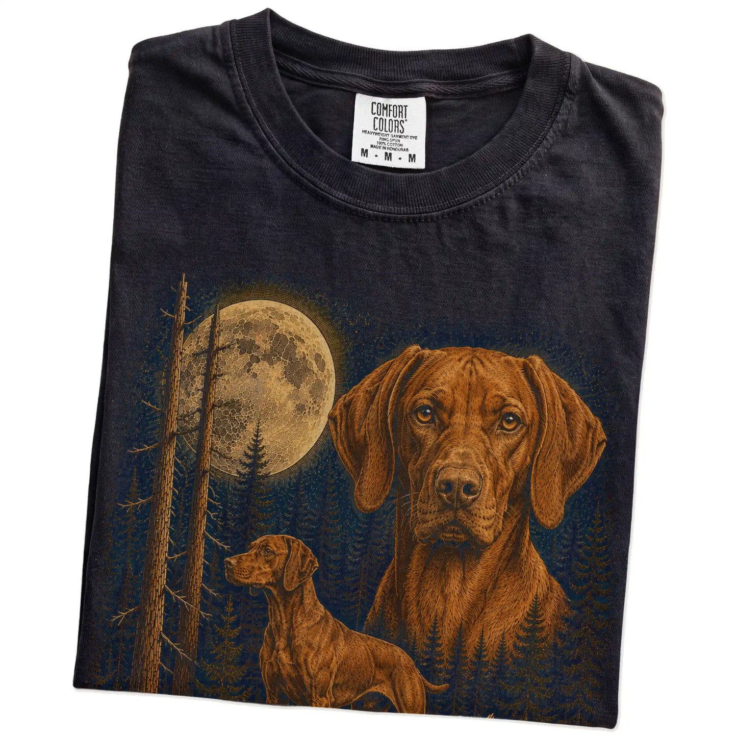 Folded Black Vizsla full-color Moonlit Forest t-shirt