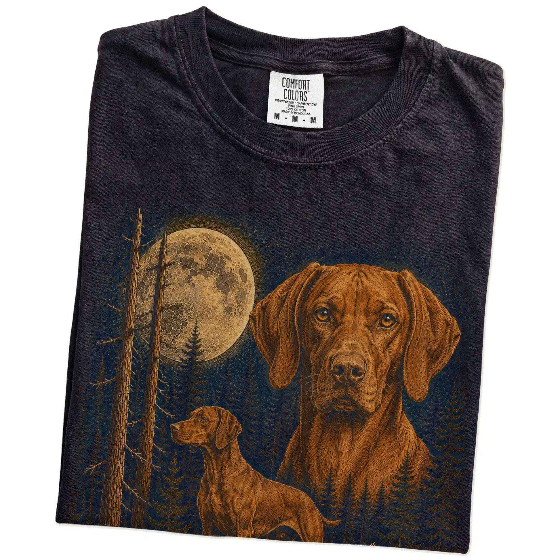 Folded Black Vizsla full-color Moonlit Forest t-shirt