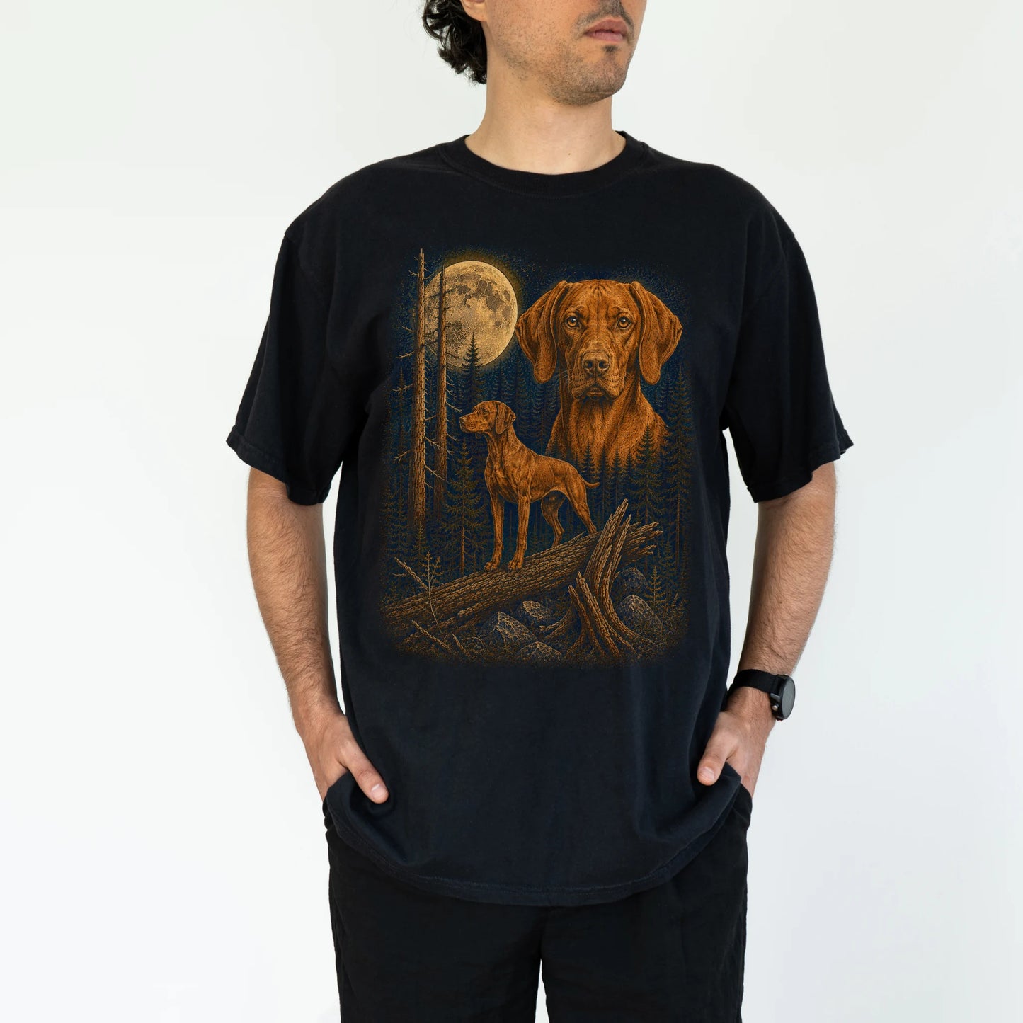 Person wearing a Black Vizsla full-color Moonlit Forest t-shirt