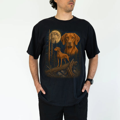 Person wearing a Black Vizsla full-color Moonlit Forest t-shirt