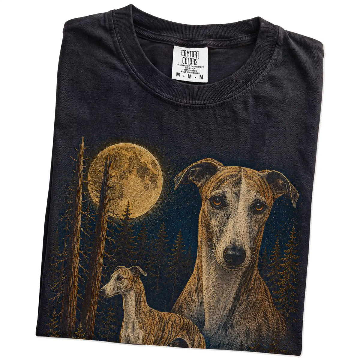 Folded Black Whippet full-color Moonlit Forest t-shirt