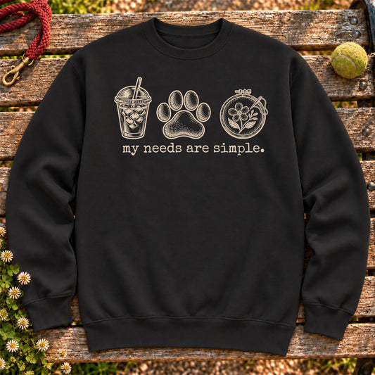 My Needs Are Simple coffee, dogs, and embroidery design on a Black Gildan sweatshirt