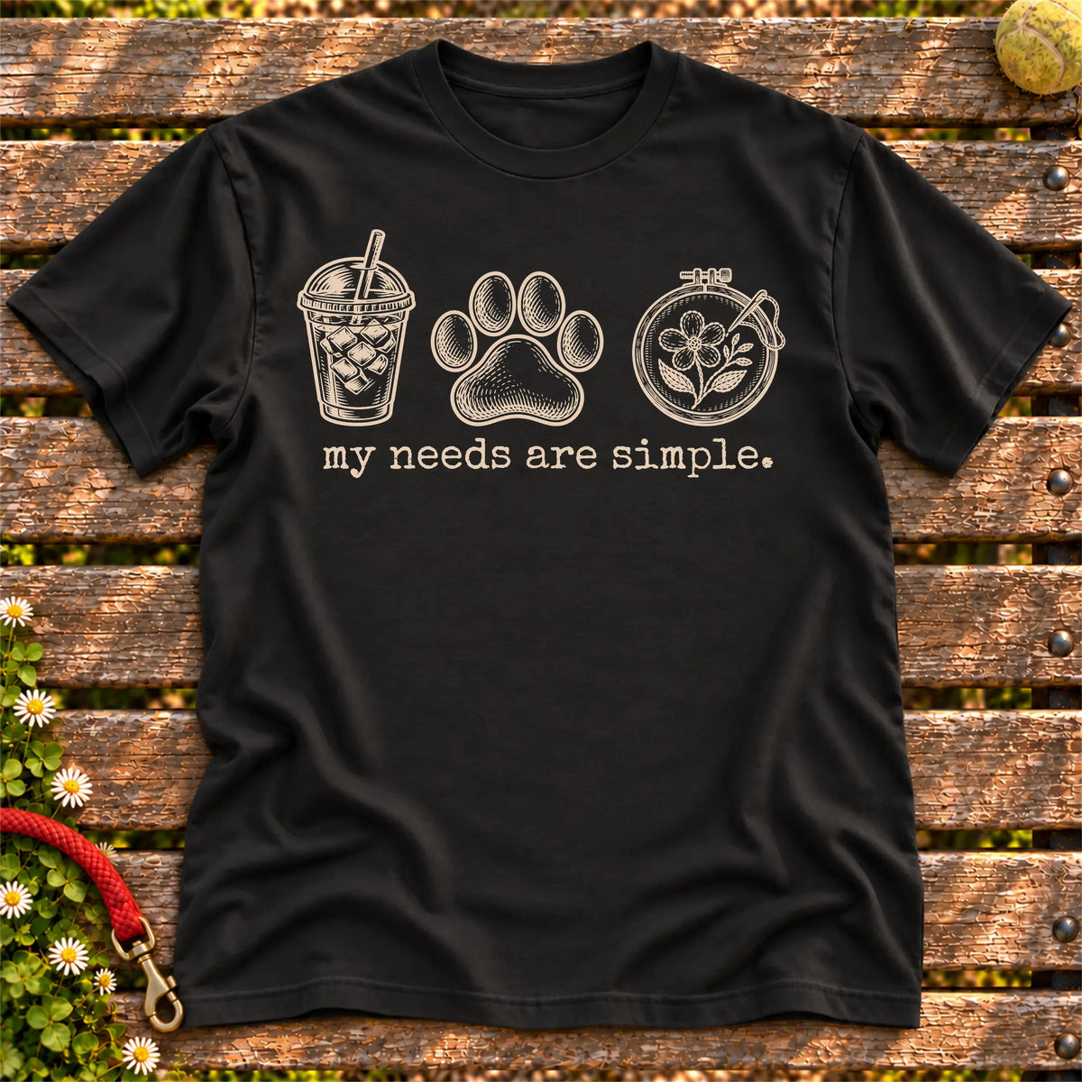 My Needs Are Simple coffee, dogs, and embroidery design on a Black Gildan T-shirt