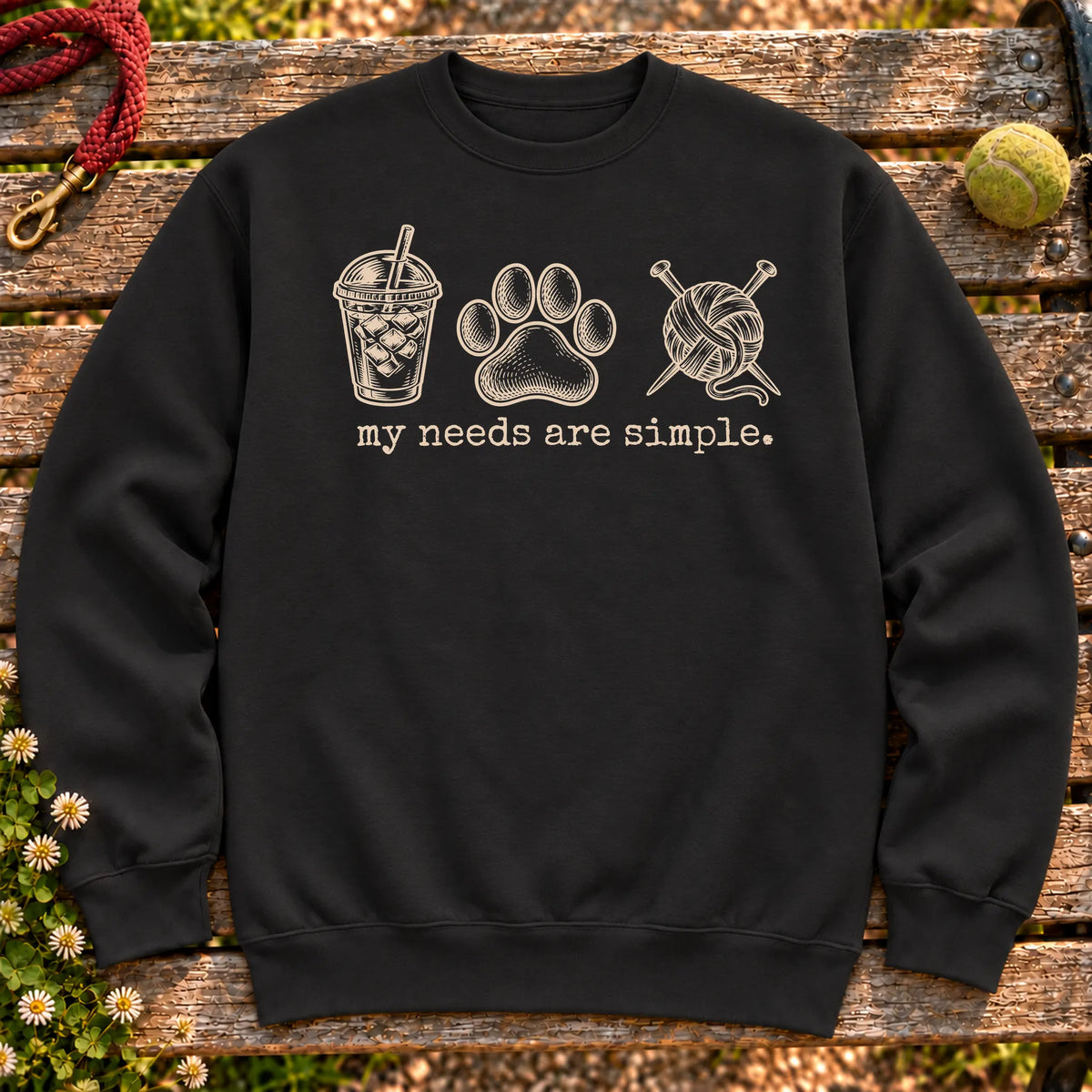 My Needs Are Simple coffee, dogs, and knitting design on a Black Gildan sweatshirt