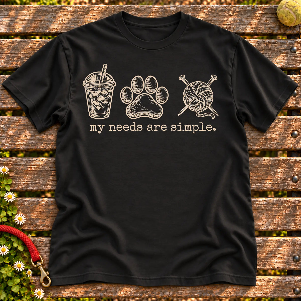My Needs Are Simple coffee, dogs, and knitting design on a Black Gildan T-shirt