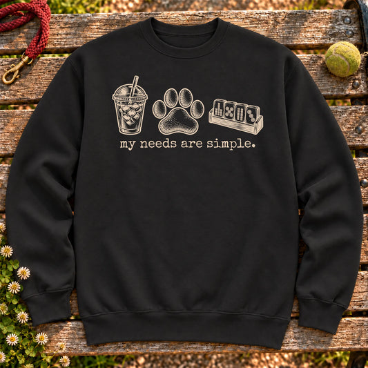 My Needs Are Simple coffee, dogs, and mahjong design on a Black Gildan sweatshirt