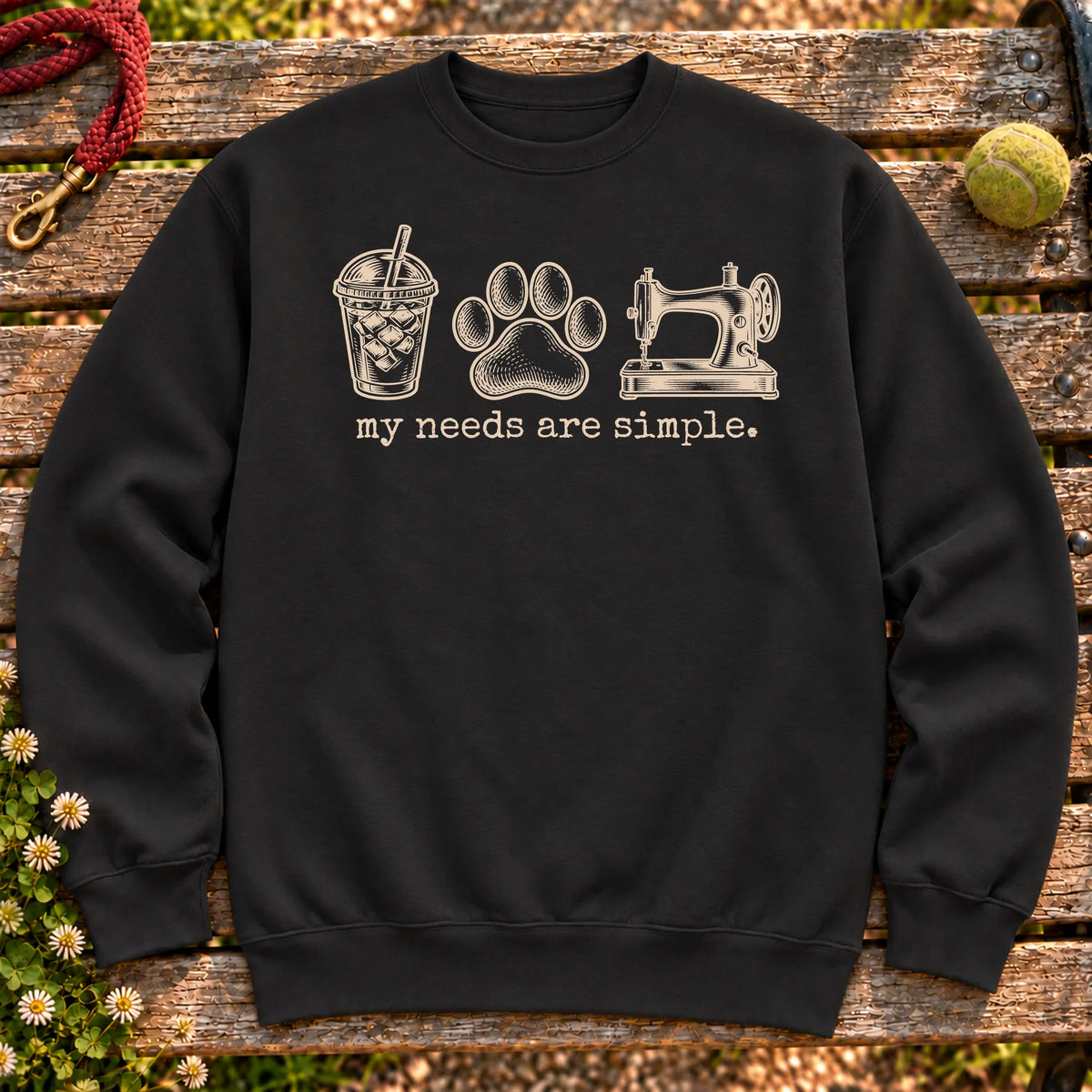 My Needs Are Simple coffee, dogs, and sewing design on a Black Gildan sweatshirt