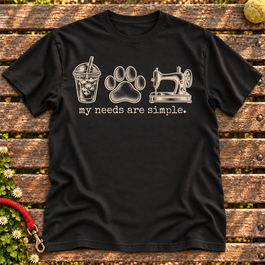 My Needs Are Simple coffee, dogs, and sewing design on a Black Gildan T-shirt