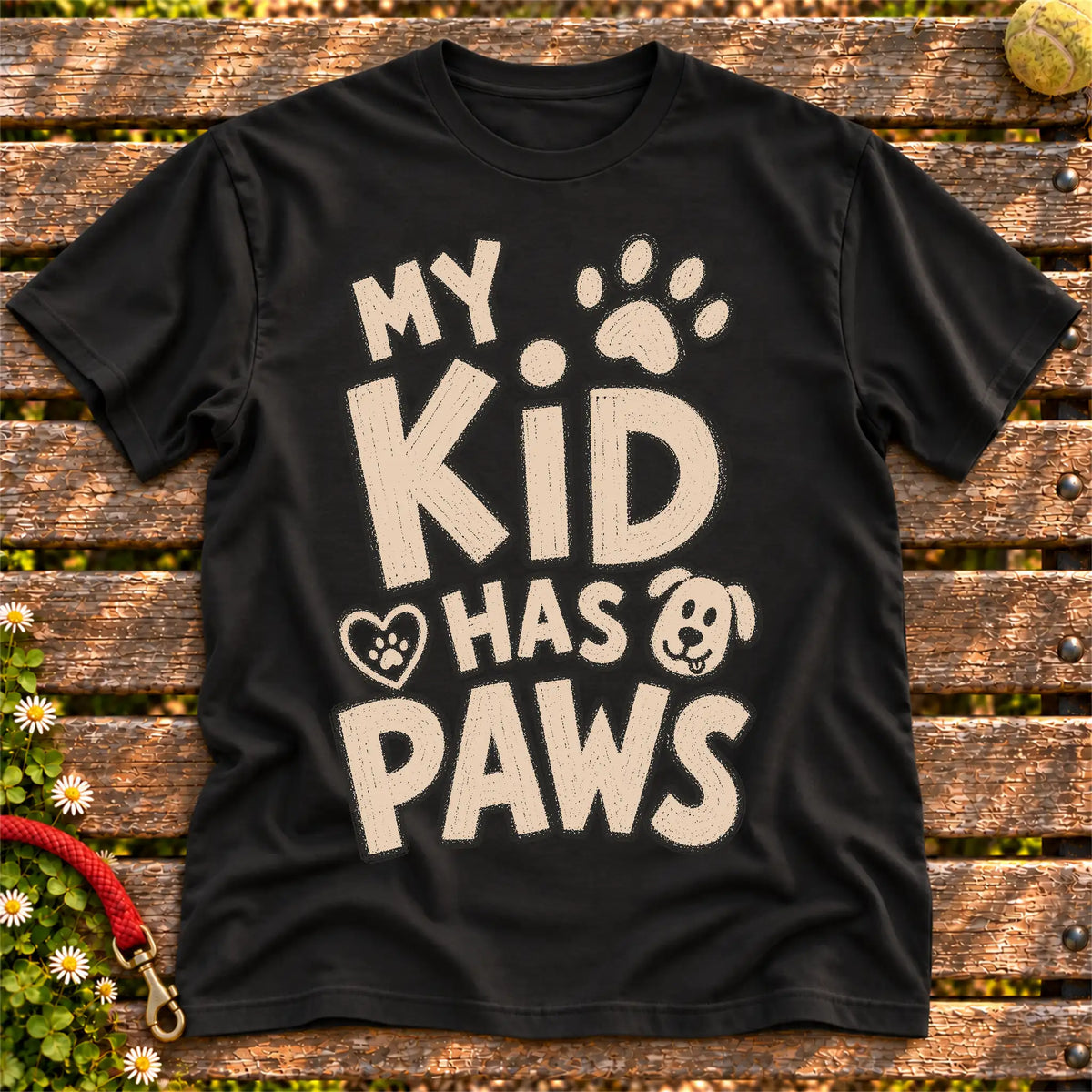 My kid has paws on a Black T-shirt, shown flat