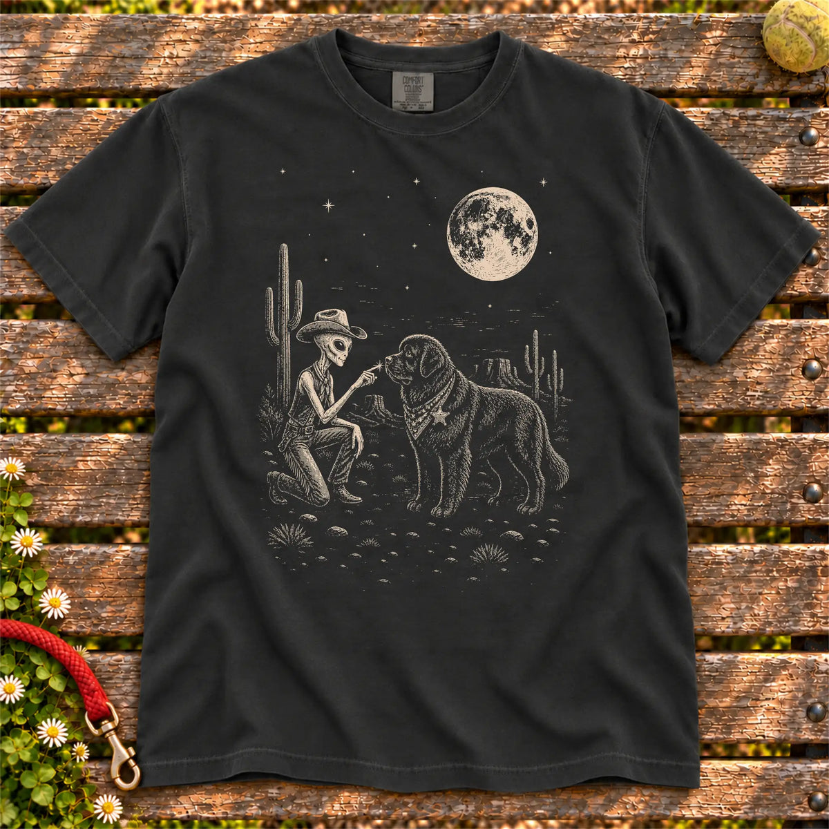 Newfie Cowboy and Alien on a Black T-shirt, shown flat