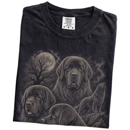 Folded Black Comfort Colors® T-shirt showing a vintage moon montage featuring Newfie
