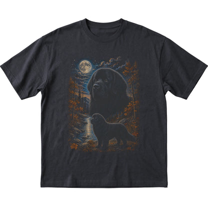 black T-shirt with Newfie Autumn Moon artwork.