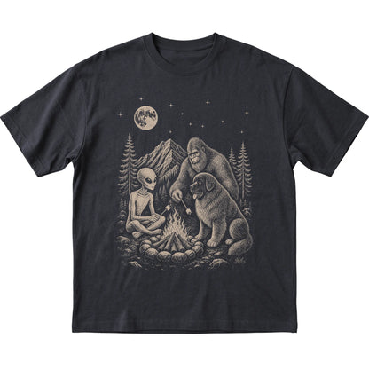 Black Newfie Camping with Bigfoot and Alien shirt laid flat