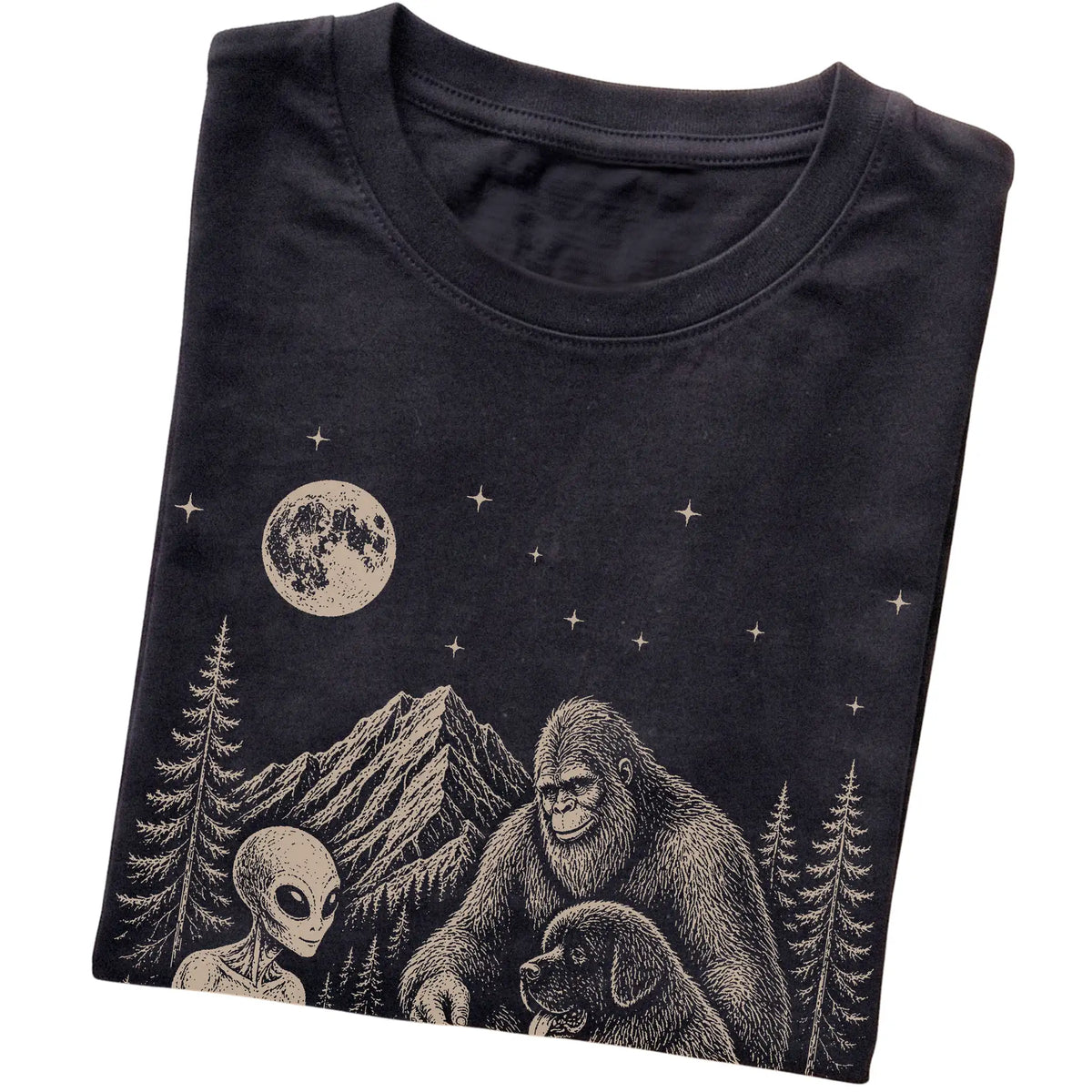 Black Newfie Camping with Bigfoot and Alien folded detail view
