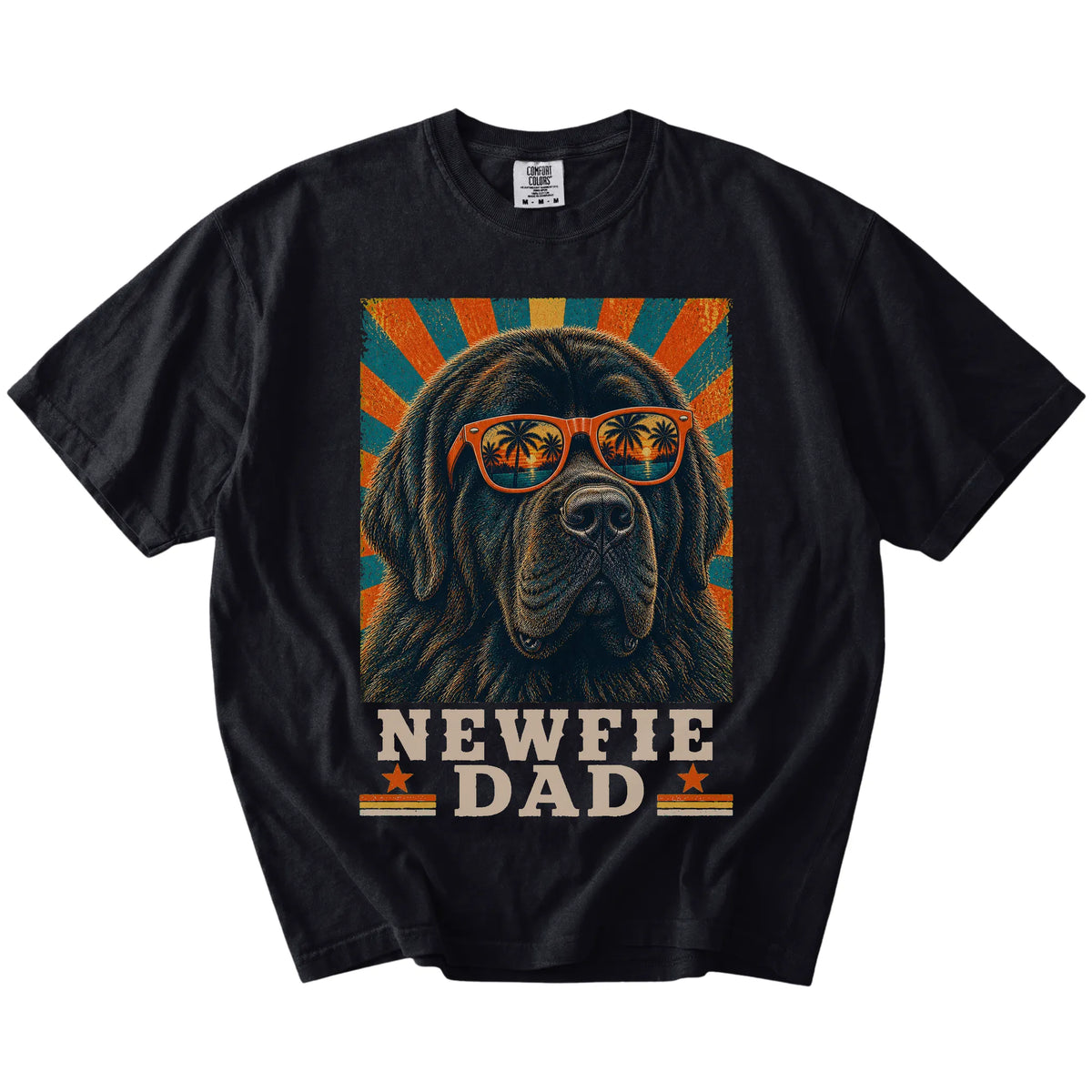 Retro Newfie Dad design on a Black Comfort Colors T-shirt