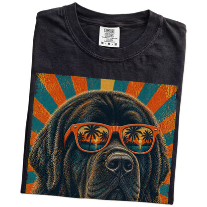 Retro Newfie Dad design on a Black Comfort Colors T-shirt folded detail